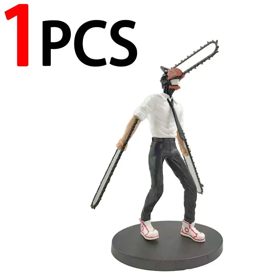 Chainsaw man denji pvc figure in black and white with red head accents holding a chainsaw in formal attire