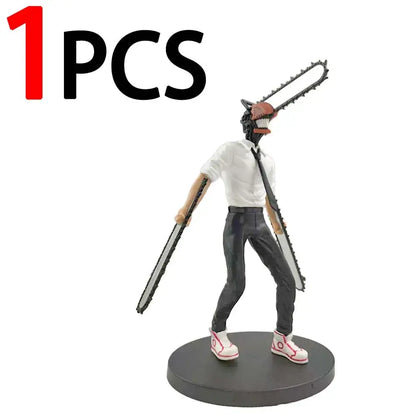 Chainsaw man denji pvc figure in black and white with red head accents holding a chainsaw in formal attire