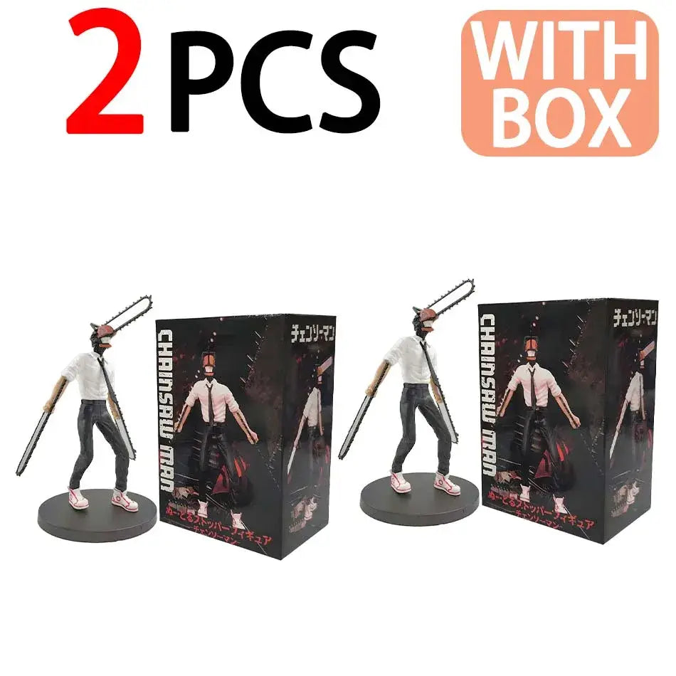 Two chainsaw man denji pvc figures wearing white shirts black pants and pink sneakers collectible model