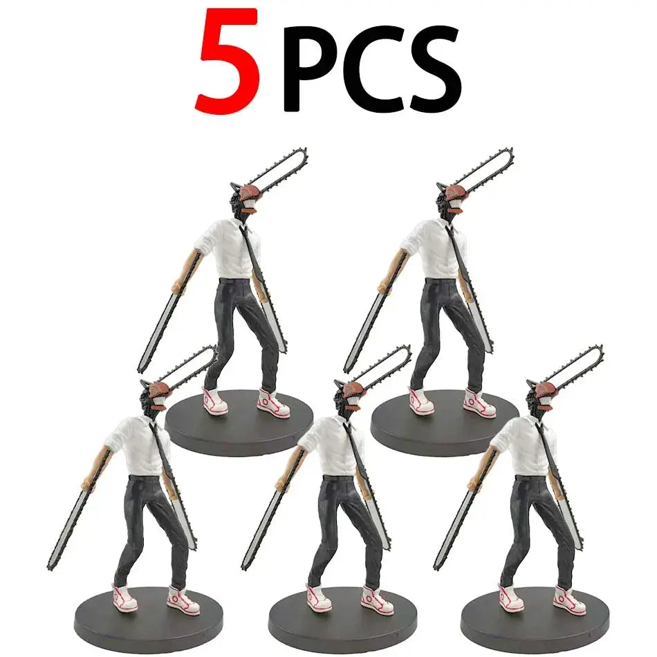 Five identical chainsaw man denji pvc figures wearing white shirts black pants and pink sneakers collectible model
