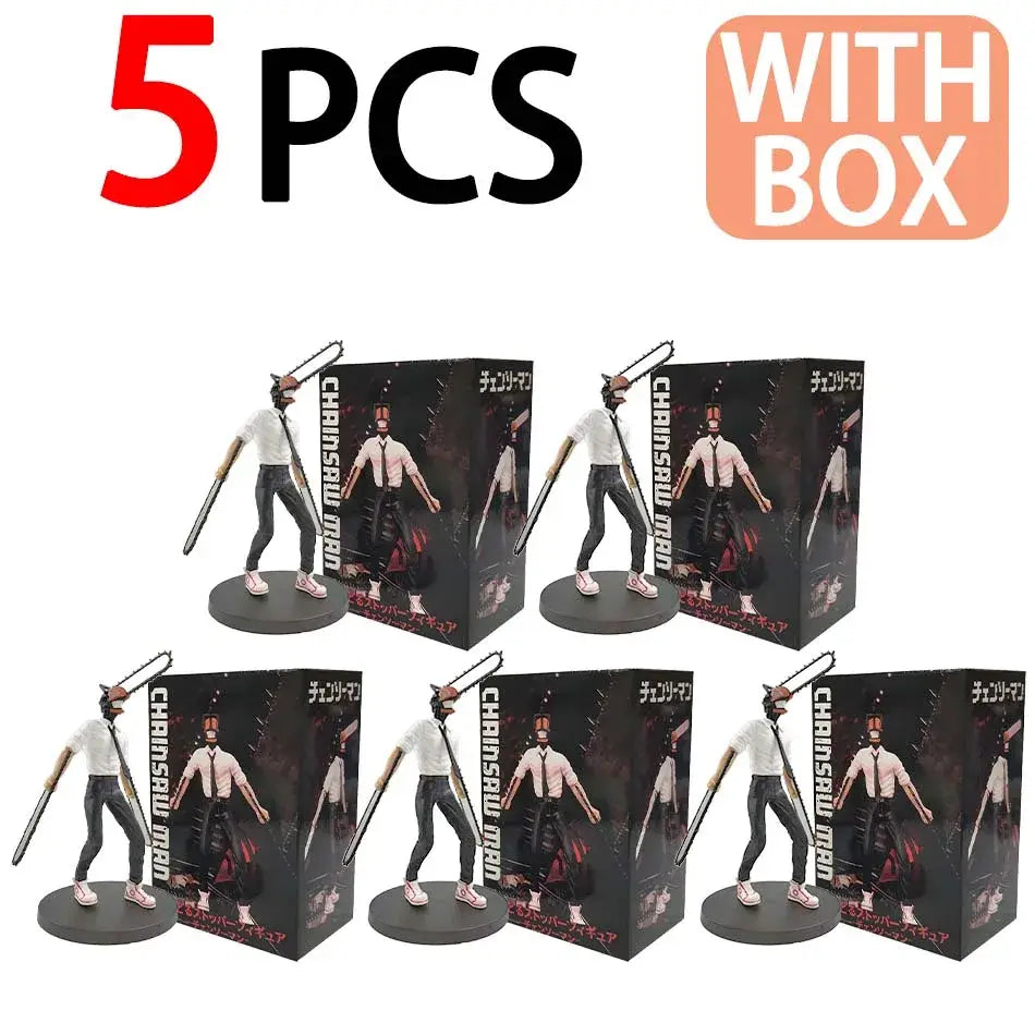 Five black and white chainsaw man denji pvc figures holding chainsaws on circular bases collectible model