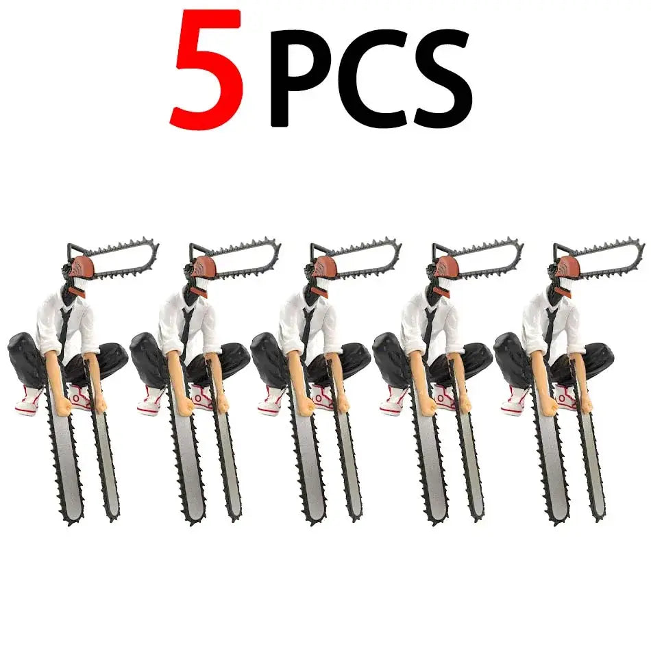 Five identical chainsaw man denji pvc figures with red helmets and chainsaw heads wearing white shirts and black pants