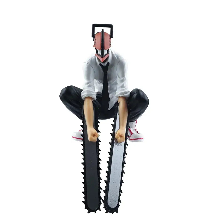 Detailed chainsaw man denji pvc figure crouching with pink helmet holding black and silver chainsaws in white shirt and tie