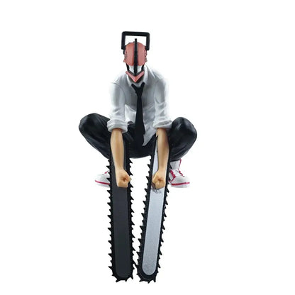 Detailed chainsaw man denji pvc figure crouching with pink helmet holding black and silver chainsaws in white shirt and tie