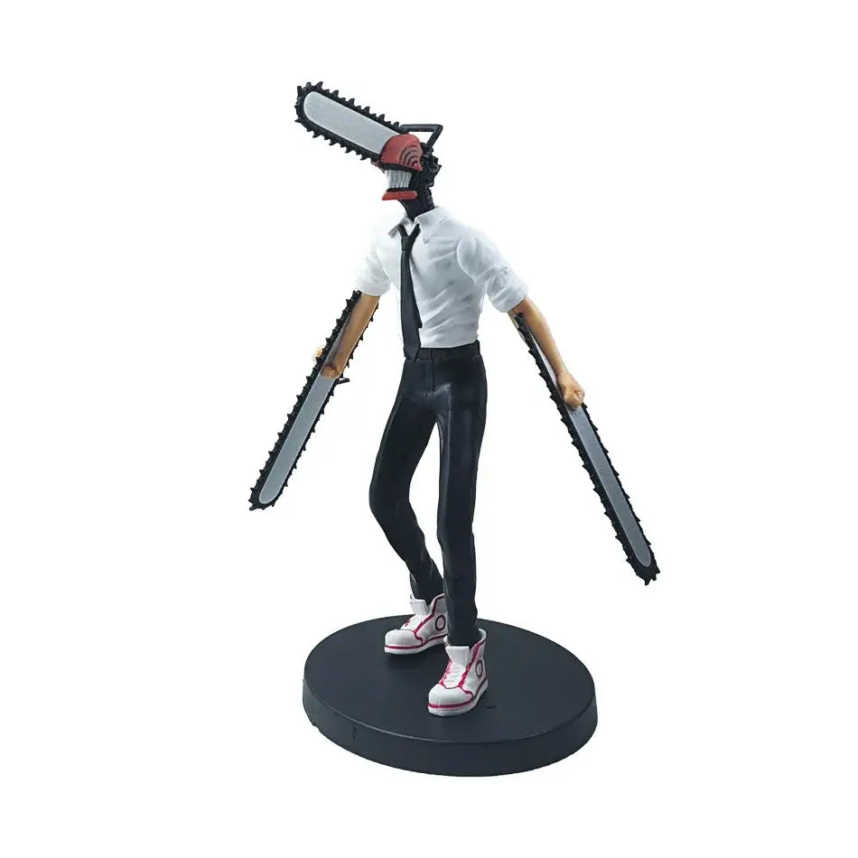 Chainsaw man denji pvc figure holding two chainsaws wearing white shirt black pants and red and white sneakers