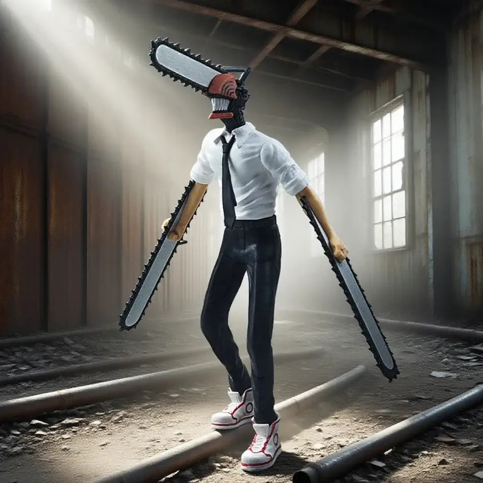 Chainsaw man denji pvc figure holding two chainsaws wearing white shirt and black pants collectible model