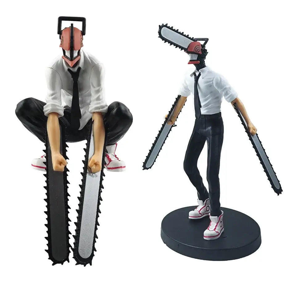 Two detailed chainsaw man denji pvc figurines one crouching with chainsaw legs one standing with dual chainsaws