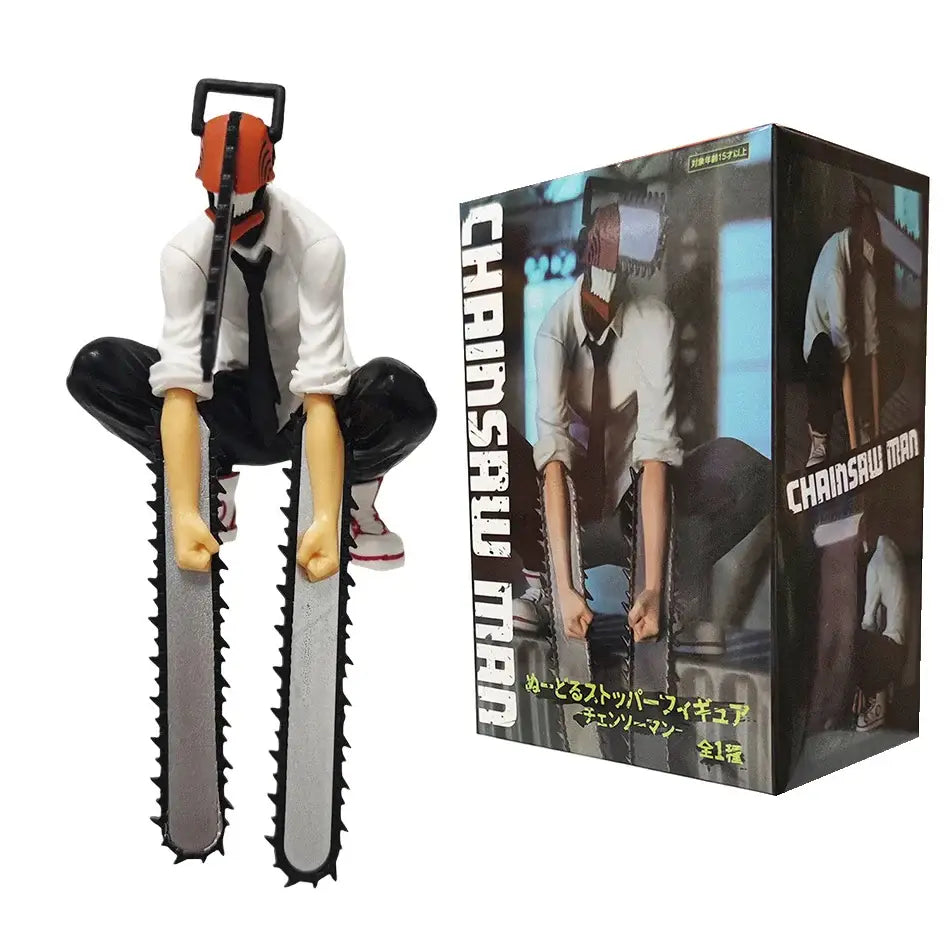 Chainsaw man denji figure set featuring pvc figurine with orange helmet white shirt black tie seated on silver chainsaws