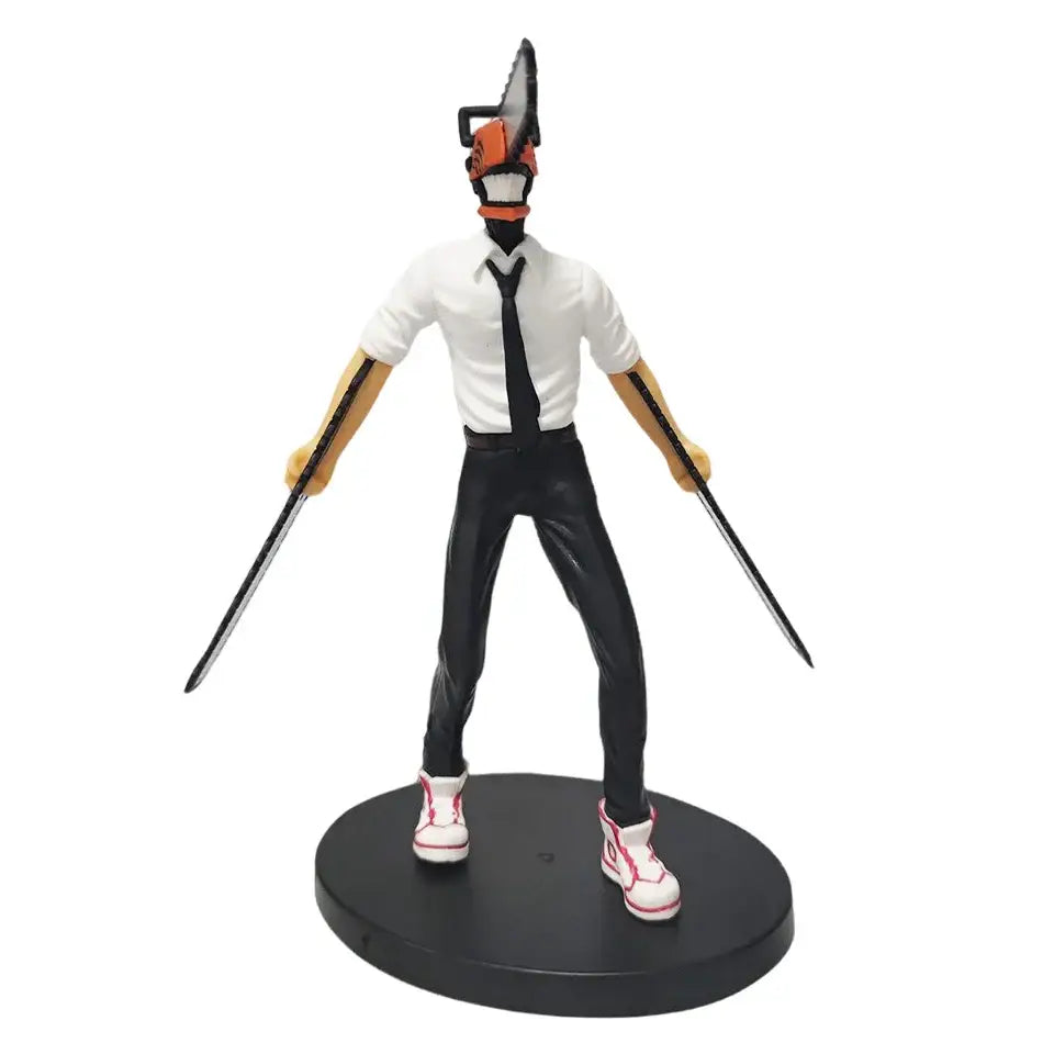 Detailed chainsaw man denji figure set with orange and black plastic chainsaw helmet holding two swords for car decor