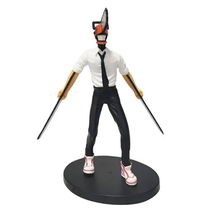 Detailed chainsaw man denji figure set with orange and black plastic chainsaw helmet holding two swords for car decor