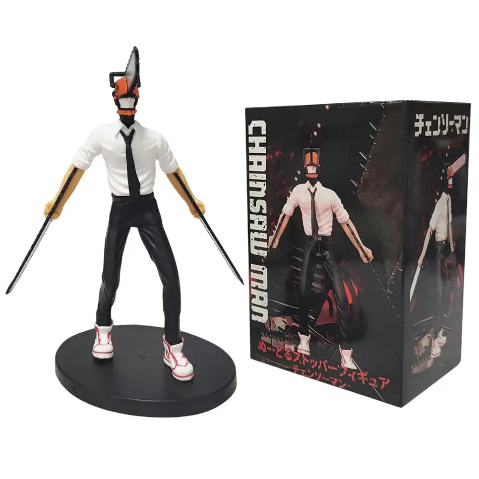 Detailed chainsaw man denji figure set featuring pvc figurine with orange chainsaw head and yellow arms for car decor