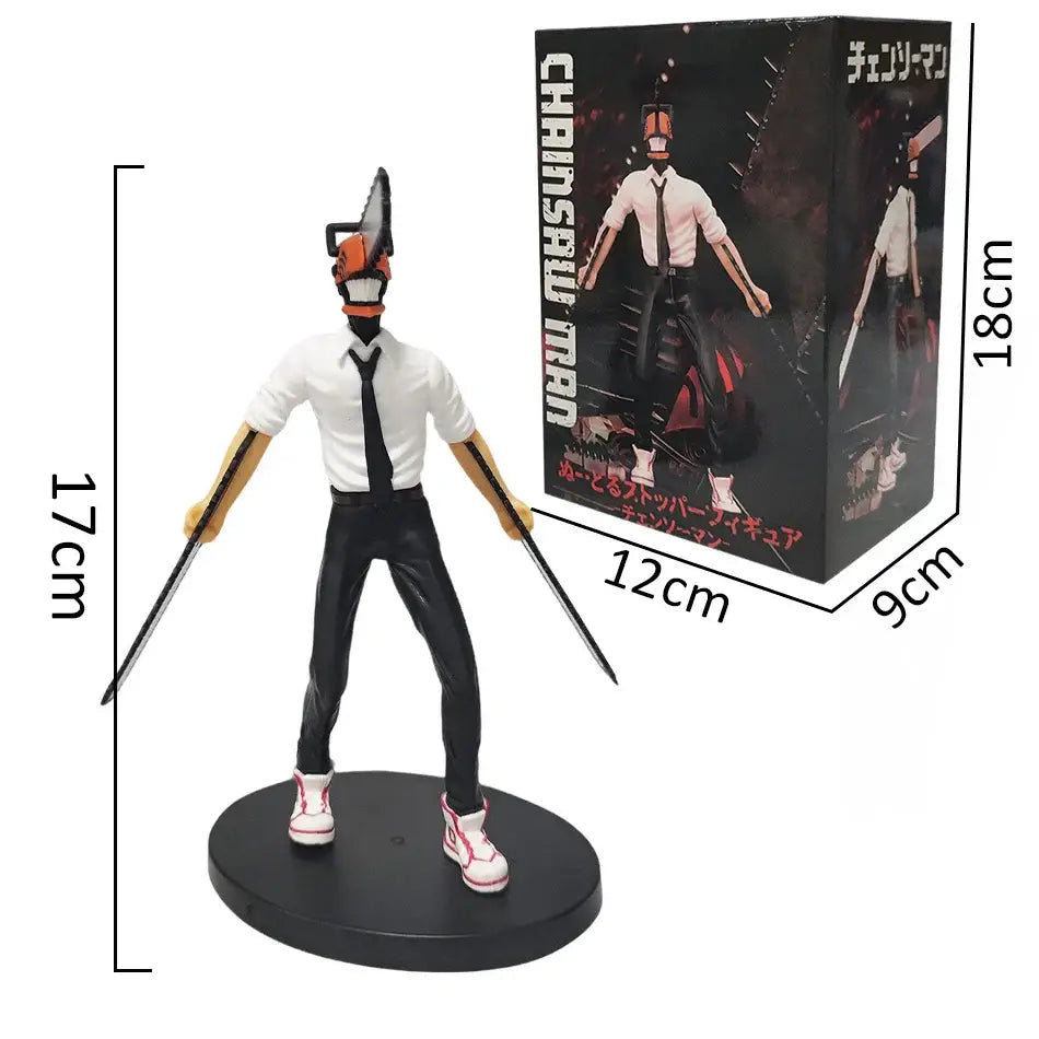 Chainsaw man denji figure set with 17cm pvc figure featuring an orange and black chainsaw head for car decor