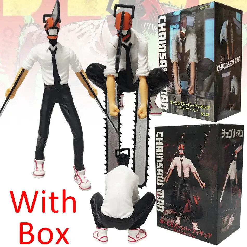 White and black chainsaw man denji figure set pvc figure with orange chainsaw head in dynamic pose for car decor