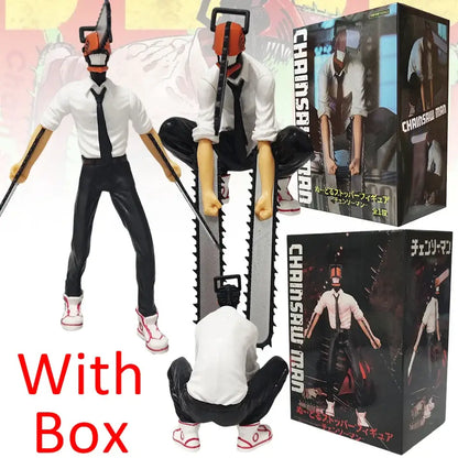 White and black chainsaw man denji figure set pvc figure with orange chainsaw head in dynamic pose for car decor