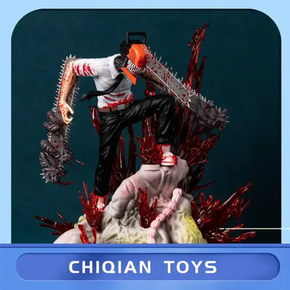 Detailed chainsaw man denji pvc statue 29cm battle scene with orange chainsaw and blood splattered clothing