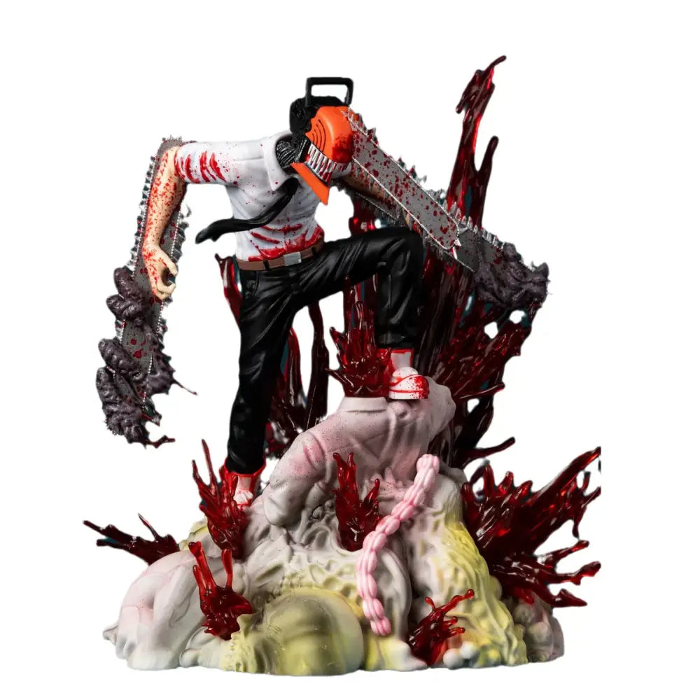 Detailed plastic chainsaw man denji pvc statue 29cm battle scene with orange chainsaw white shirt and black pants