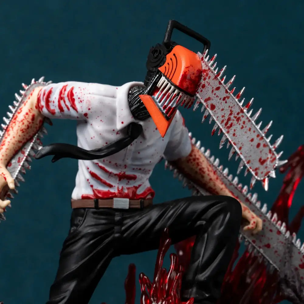 Chainsaw man denji pvc statue 29cm battle scene featuring orange and black chainsaw-headed figure with spiked chainsaws