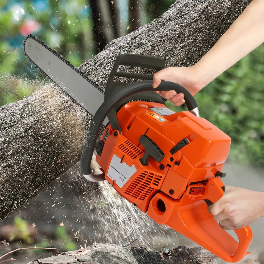 Orange gasoline-powered chainsaw with black handle and chain pvc statue of chainsaw man denji 72cc 24 inch saw