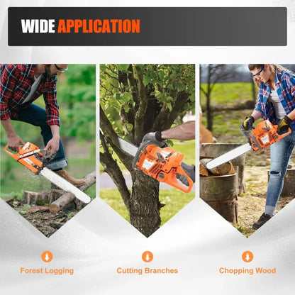 Orange gasoline-powered chainsaw with black handle and silver chain featured in chainsaw man denji pvc statue 72cc 24 inch saw