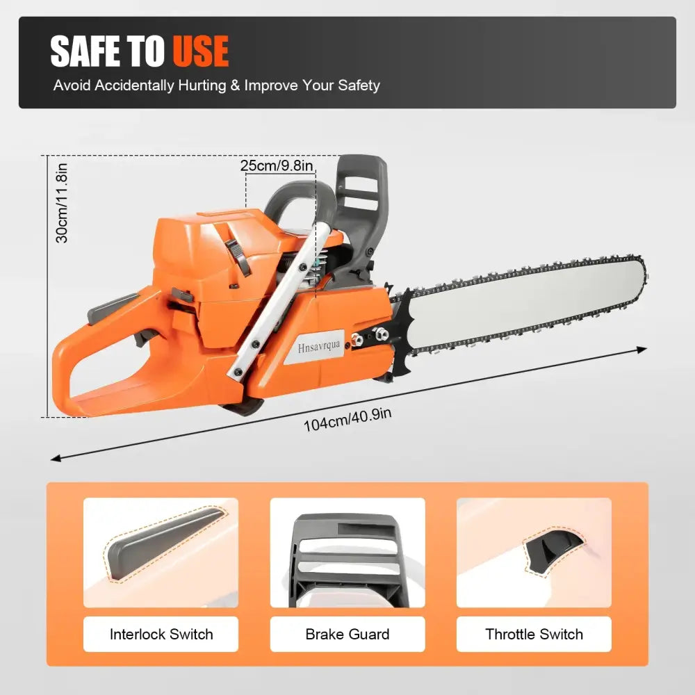 Orange husqvarna chainsaw with black handle and silver chain in chainsaw man denji pvc statue 72cc 24 inch saw design