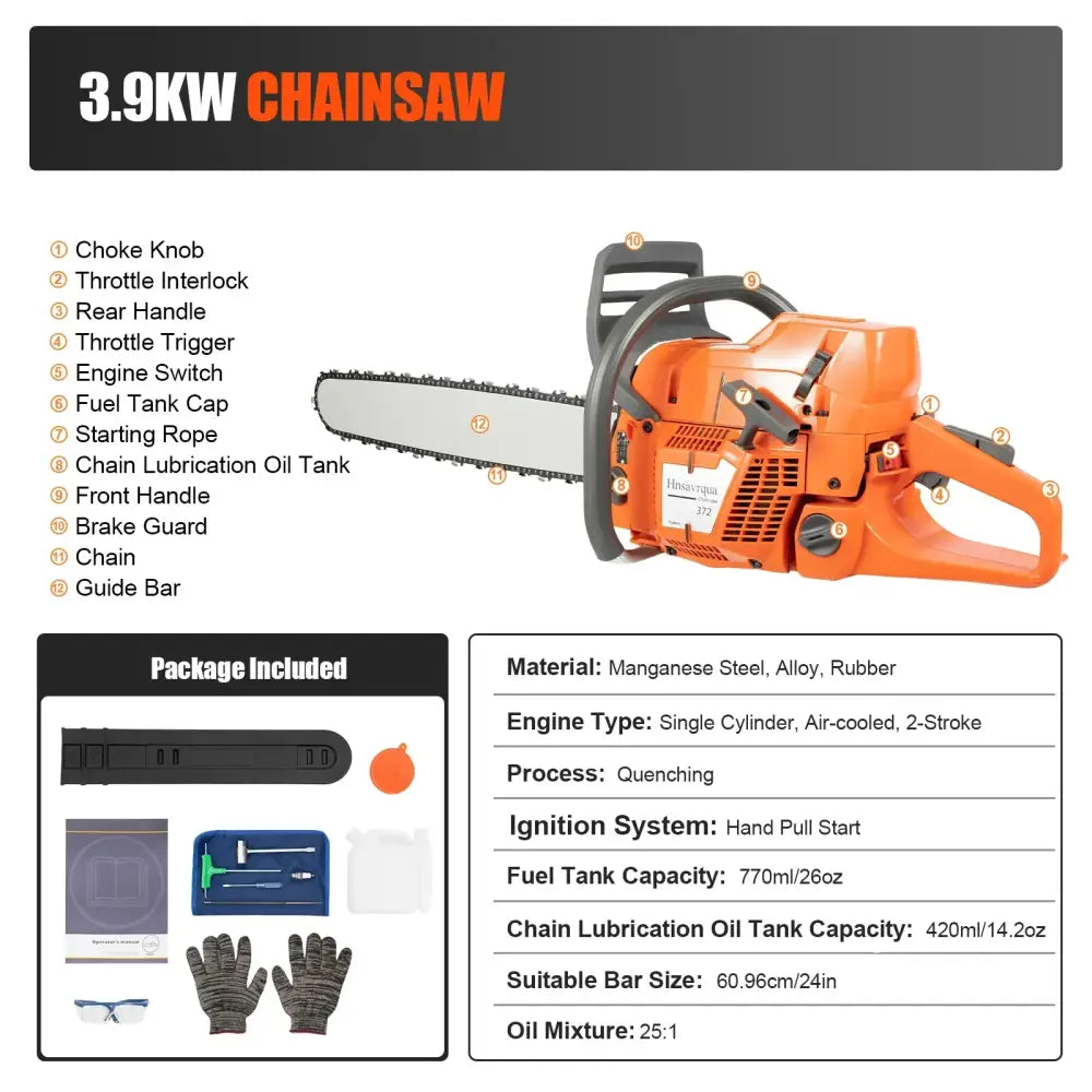 Orange husqvarna 3.9kw chainsaw with black rubber handle and manganese steel guide bar in chainsaw man denji pvc statue