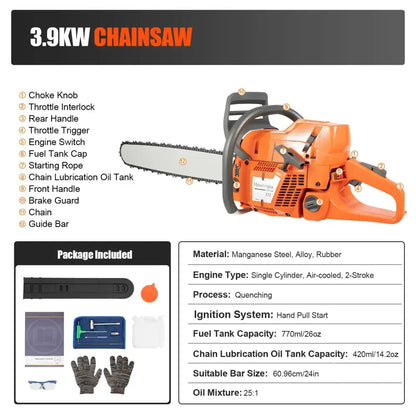 Orange husqvarna 3.9kw chainsaw with black rubber handle and manganese steel guide bar in chainsaw man denji pvc statue