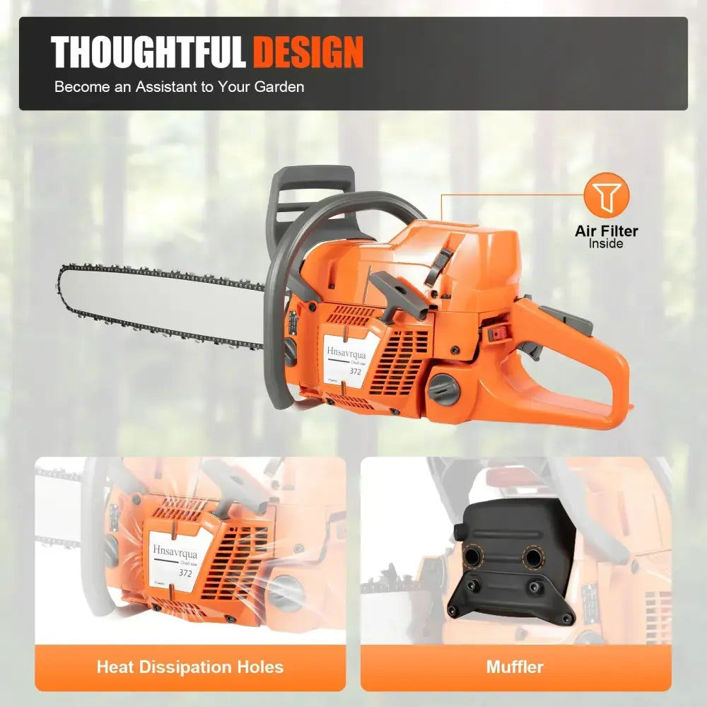 Orange husqvarna 372 chainsaw with black handle and chain featured in chainsaw man denji pvc statue 72cc 24 inch saw