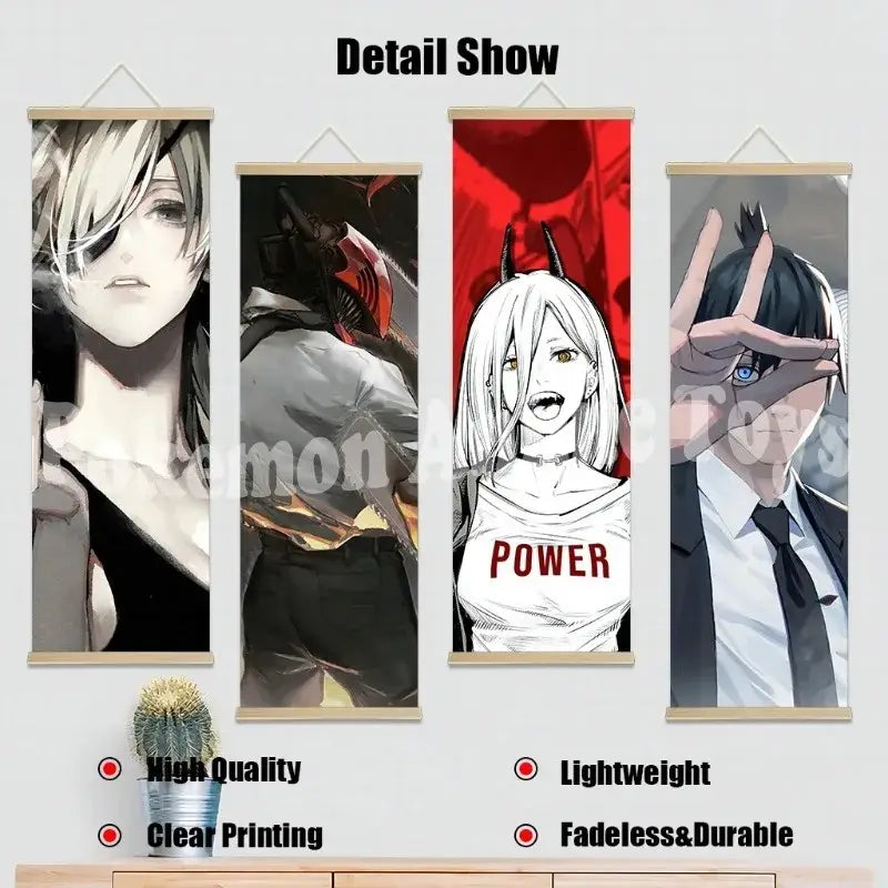 Set of four chainsaw man wooden-framed scroll posters on waterproof canvas featuring distinct anime character designs