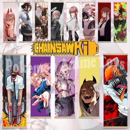 Set of ten chainsaw man anime-themed vertical fabric banners with a wooden frame wooden-framed scroll matte finish
