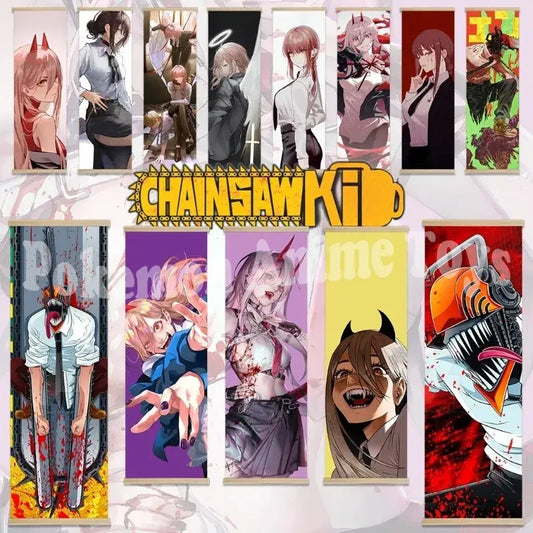 Set of ten chainsaw man anime-themed vertical fabric banners with a wooden frame wooden-framed scroll matte finish
