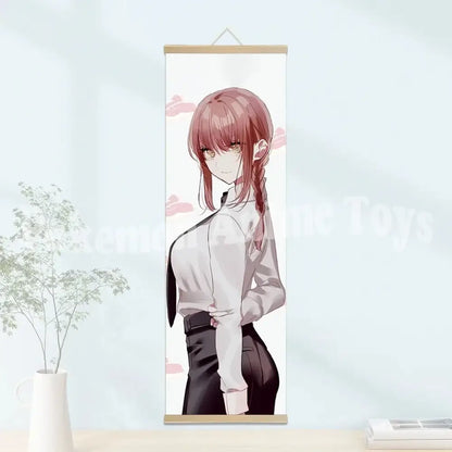 Chainsaw man denji wooden-framed scroll poster featuring anime girl with reddish-brown braid in white blouse and black pants