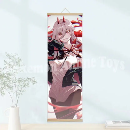 Chainsaw man wooden-framed scroll poster with pink-haired character on waterproof canvas in light wood frame