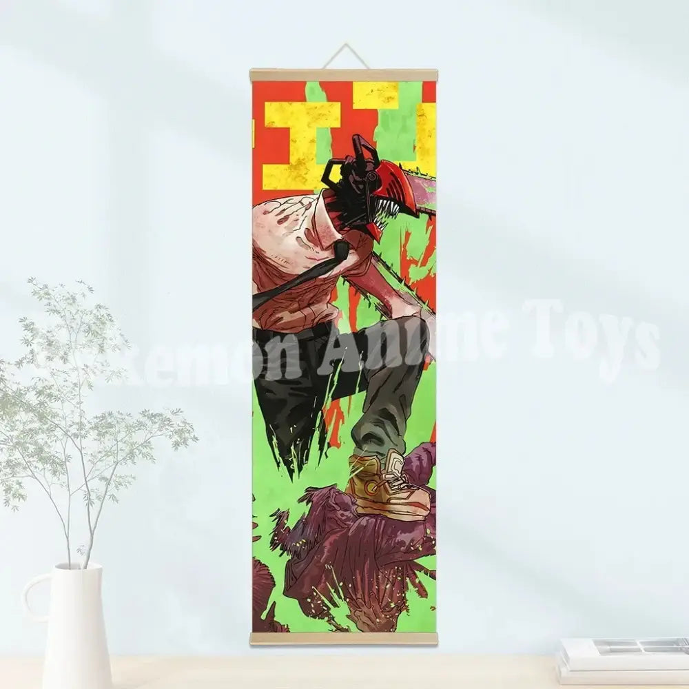 Chainsaw man denji wooden-framed scroll poster with vibrant red and black character on waterproof canvas background