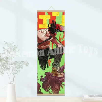 Chainsaw man denji wooden-framed scroll poster with vibrant red and black character on waterproof canvas background