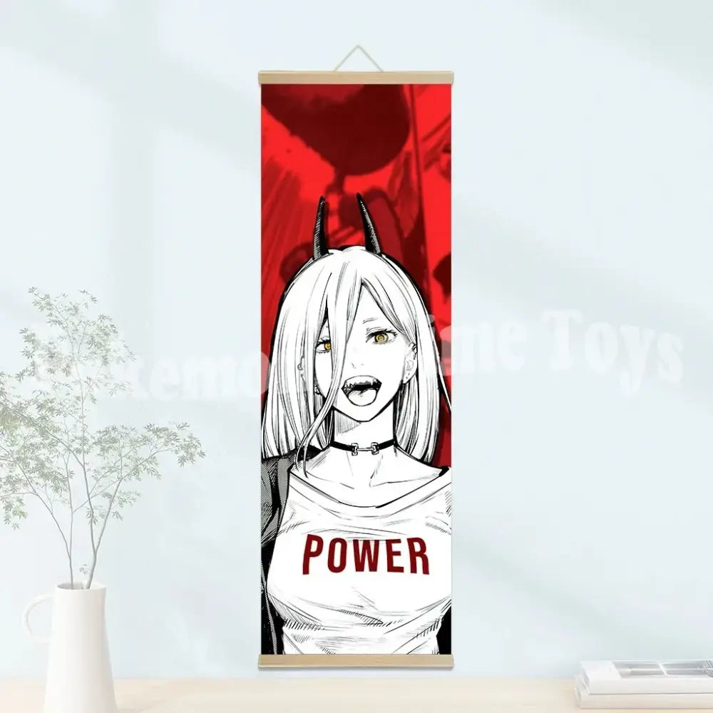 Chainsaw man wooden-framed scroll poster with red and black anime art on waterproof canvas featuring white-haired character