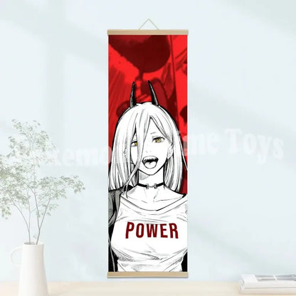 Chainsaw man wooden-framed scroll poster with red and black anime art on waterproof canvas featuring white-haired character