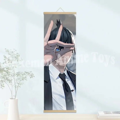 Black and white anime chainsaw man wooden-framed scroll poster with wooden frame for wall hanging decor