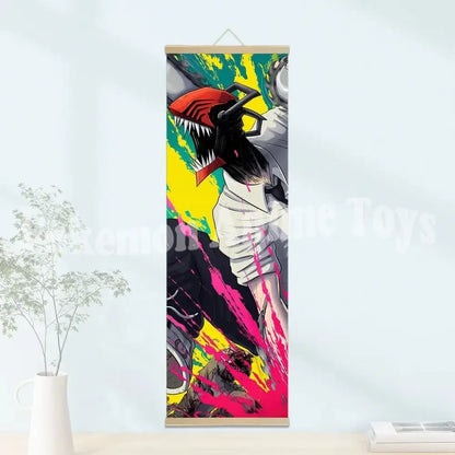 Vibrant chainsaw man wooden-framed scroll poster featuring character with red shark mask and splashes of yellow and pink paint