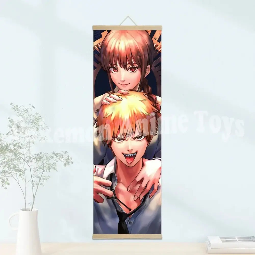 Anime-themed chainsaw man wooden-framed scroll poster with vibrant orange and blonde hair characters on dark background