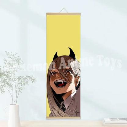 Chainsaw man denji wooden-framed scroll poster with yellow character black horns on waterproof canvas