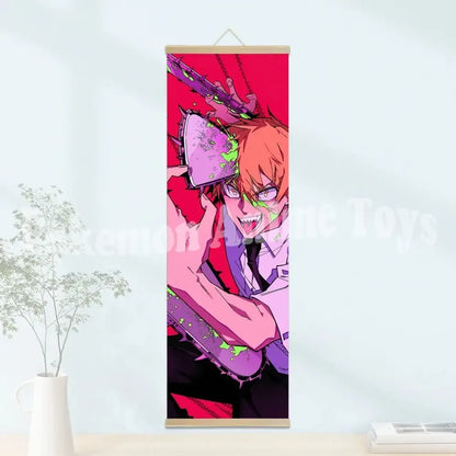 Chainsaw man scroll poster featuring orange-haired character in wooden-framed waterproof canvas with red purple hues