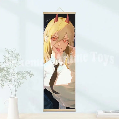 Chainsaw man denji wooden-framed scroll poster featuring a blonde character with red horns in a wooden frame