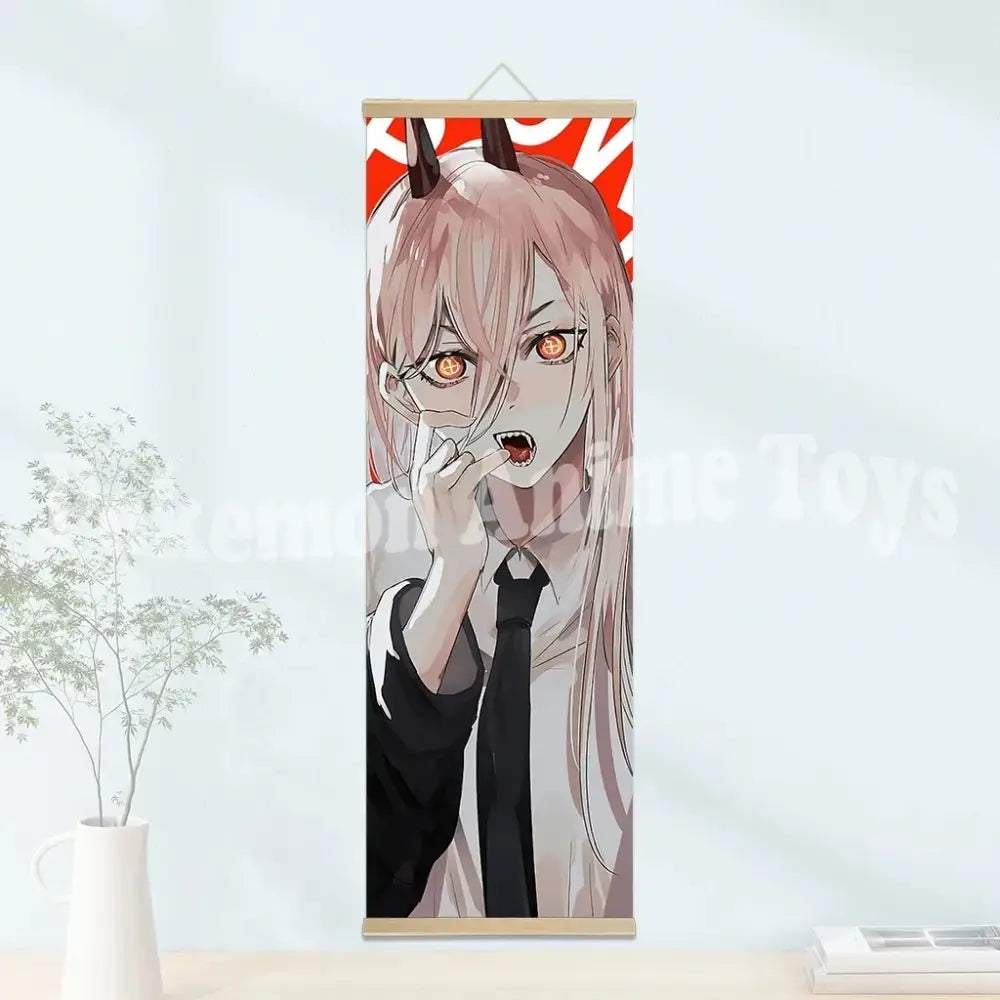 Chainsaw man vertical wooden-framed scroll poster with pink-haired character on waterproof canvas artwork