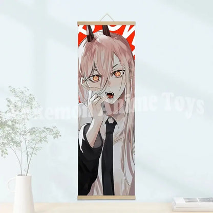 Chainsaw man vertical wooden-framed scroll poster with pink-haired character on waterproof canvas artwork