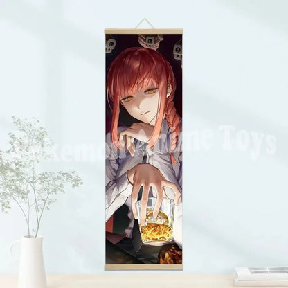 Vertical wooden-framed scroll featuring chainsaw man denji with reddish-orange braided hair on waterproof canvas