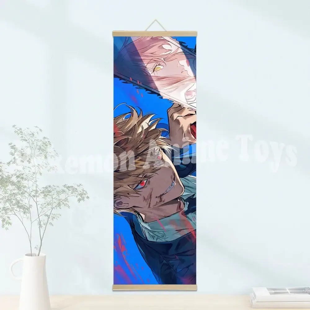 Vibrant blue chainsaw man wooden-framed scroll poster on waterproof canvas featuring two dynamic characters