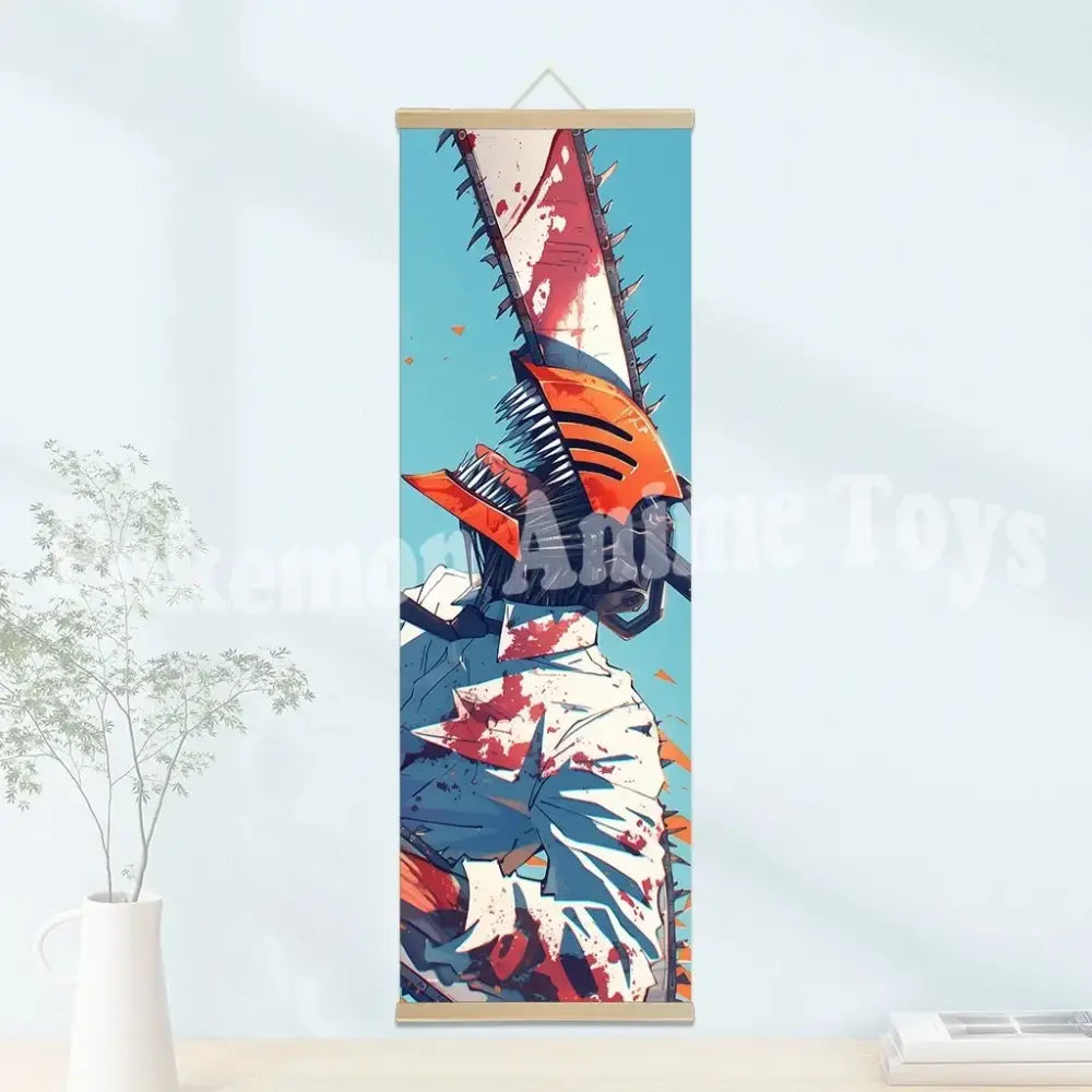 Chainsaw man wooden-framed scroll poster featuring vibrant reds and blues on waterproof canvas with a teal background