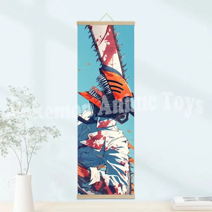 Chainsaw man wooden-framed scroll poster featuring vibrant reds and blues on waterproof canvas with a teal background
