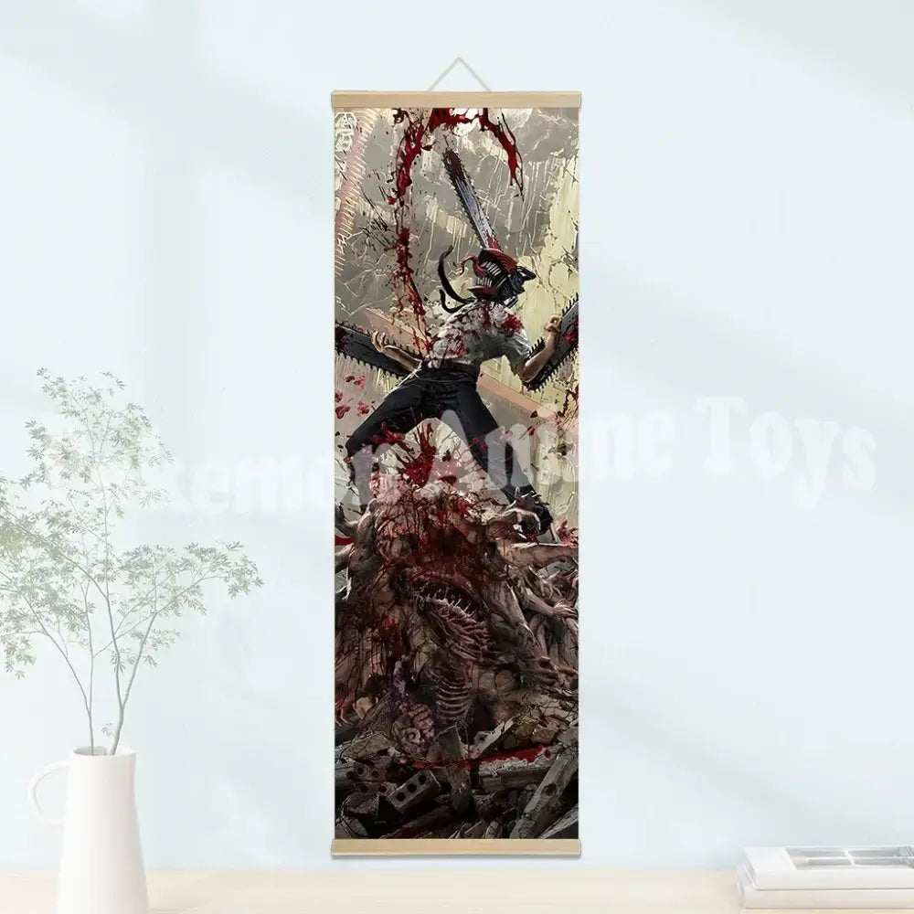 Chainsaw man wooden-framed scroll poster featuring denji wielding chainsaws with blood and debris in a wooden frame