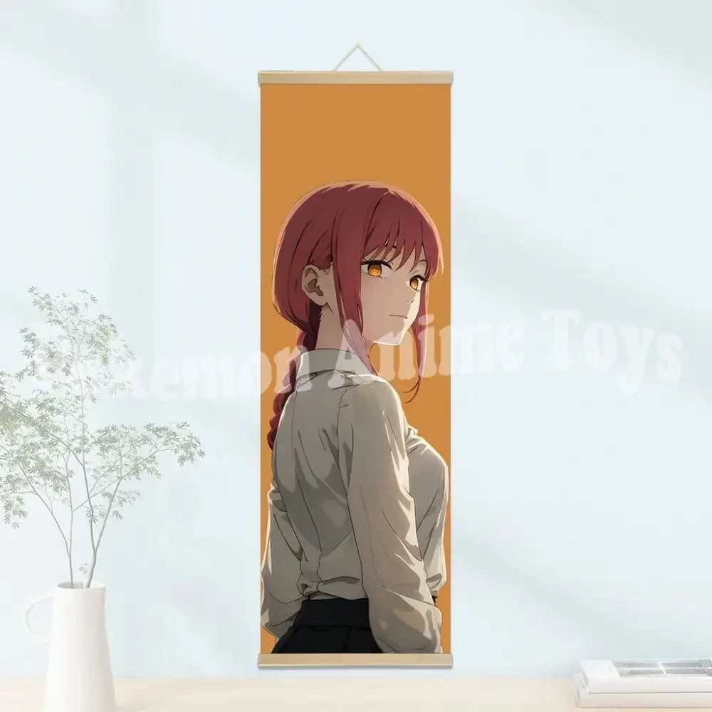 Orange chainsaw man wooden-framed scroll poster featuring an anime girl with reddish-brown hair and golden eyes